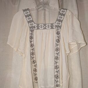 Elie Tahari Cream Blouse with Black Embroidery
